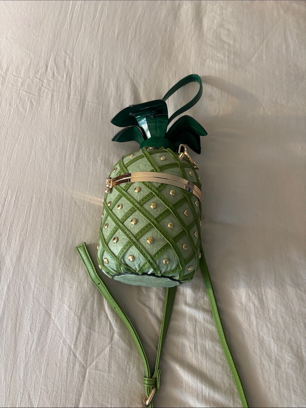 Green Pineapple Mini Crossbody Bag with Gold Stud Details